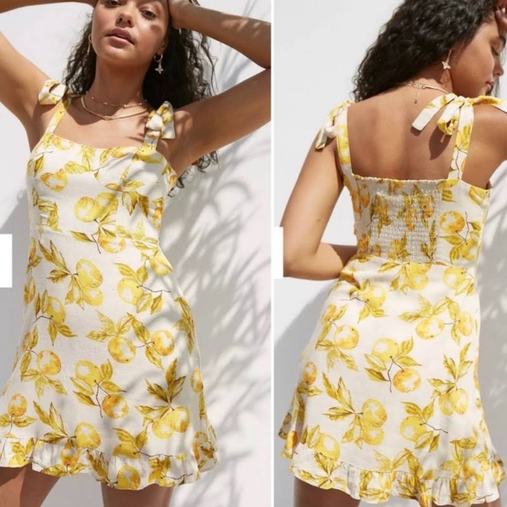 Urban Outfitters Jolene Lemon Print Linen Mini Dress Medium